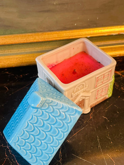 Vintage Ceramic Cottage Candle – Blue Roof House Design – England Style – 4 Inches