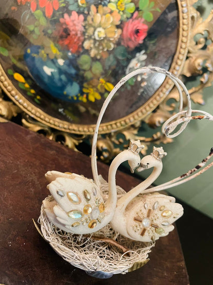 Vintage Double Swan Love Bird Figurine with Heart Frame