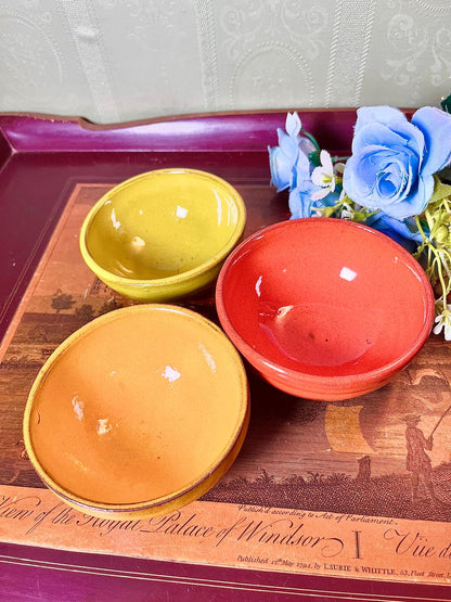 Set of 3 Colourful Glazed Stoneware Bowls Red Yellow & Mustard Approx. 4 Inch