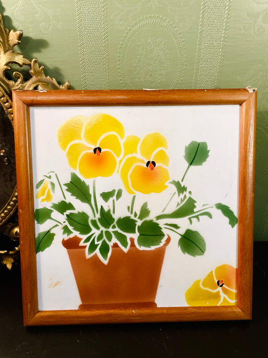 Vintage Framed Ceramic Tile Yellow Floral Wall Art 12 Inch