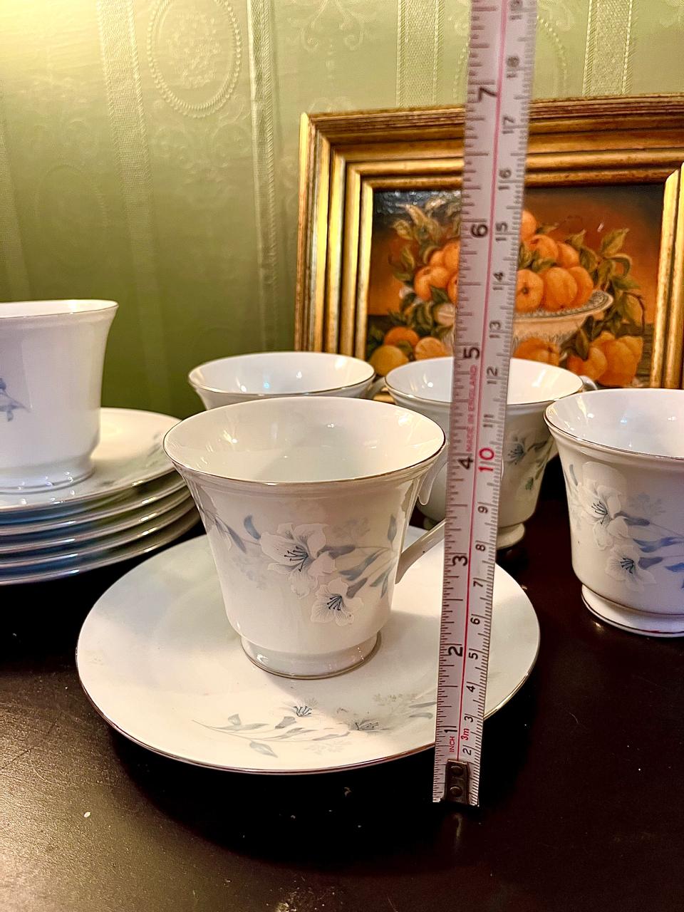 Vintage Blue Floral Porcelain Tea Set – 5 Cups & Saucers