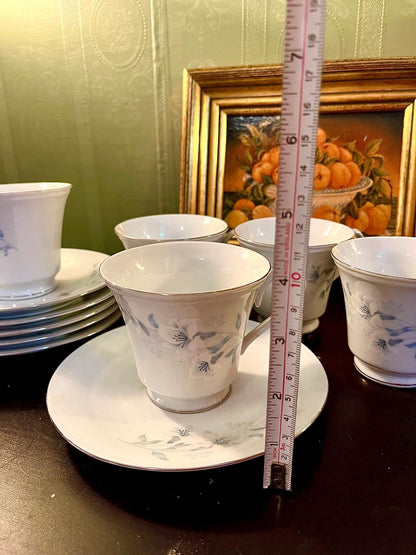 Vintage Blue Floral Porcelain Tea Set – 5 Cups & Saucers