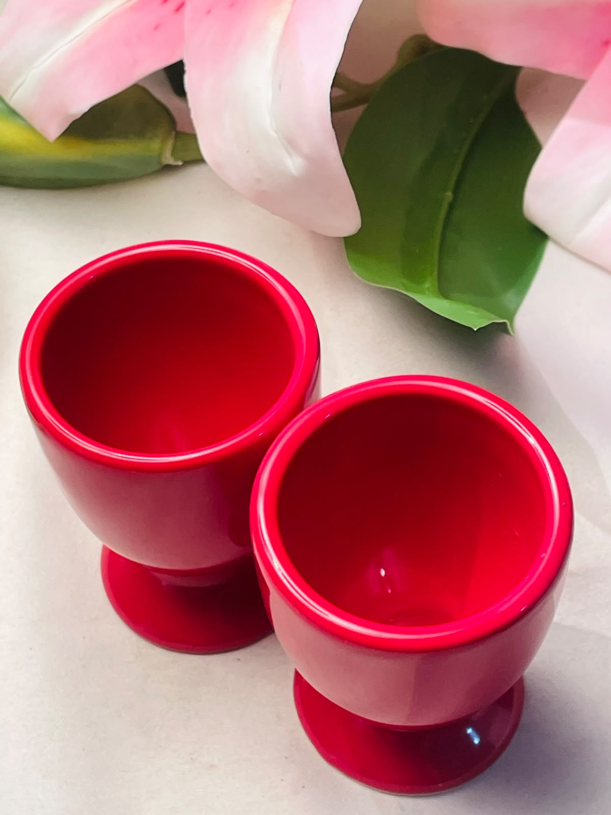Pair of Red Ceramic Pedestal Egg holders Approx. 8 cm