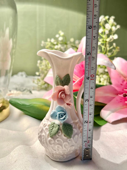 White Ceramic Floral Rose Jug Vase – 5 Inches