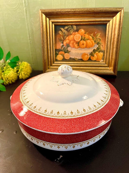 Vintage Red Gold Lidded Serving Tureen 22 cm