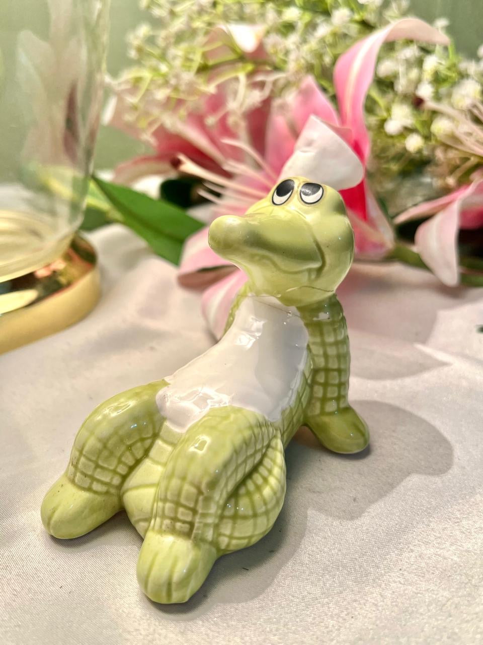 Green Crocodile Ceramic Figurine White Belly 12cm - 1 Piece