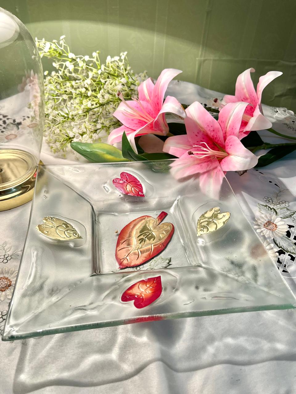 Vintage Crystal Divided Large Serving Platter with Leaf Design – 10 Inch