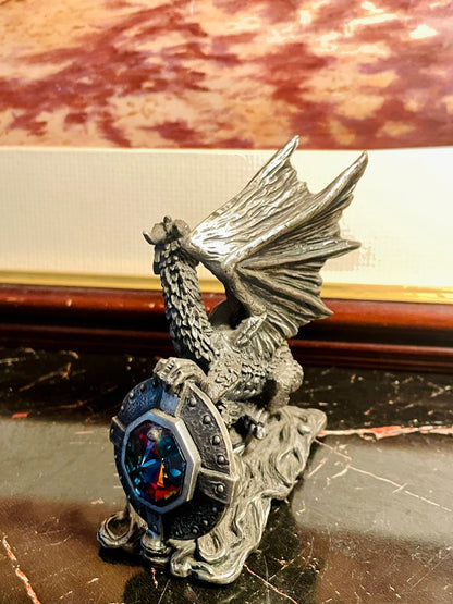 Metal Nordic Dragon Figurine with Shield & Crystal Gem – England