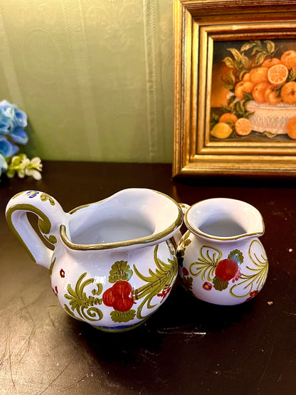 Set of 2 Hand-Painted Ceramic Floral Jugs – Red Flower Pitchers with Gold Trim
