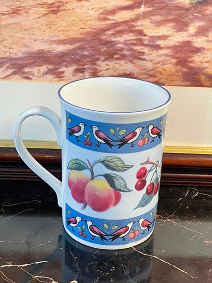 fruit bird motif mug, vintage china mug England, bone china bird design, peaches and cherries mug, fine china tea mug, rare thrift finds, English vintage crockery, European heritage mugs, colorful bird motif cup, cottage kitchen decor