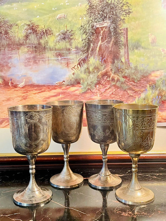 metal goblets, vintage goblets, antique cups, engraved goblet set, wine goblets, metal wine cups, collectible goblets, dining décor, barware Pakistan, England goblets, royal style glasses
