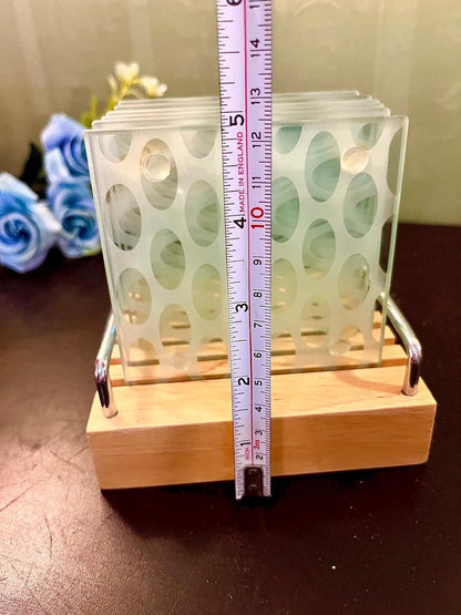 Modern Glass Coaster Set with Wooden Holder – 6 Piece