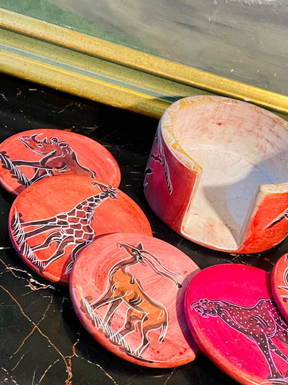 Handcrafted African Soapstone Coaster Set – Safari Animal Design (6 Pcs)