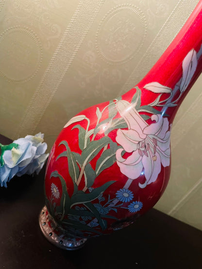Vintage Red Cloisonné Vase with White Lily Design