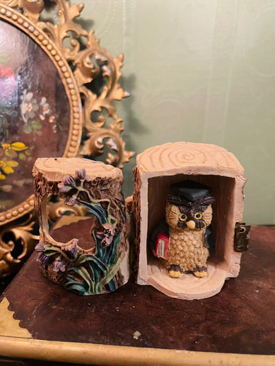 Vintage Owl in Tree Trunk Figurine Cottage Décor