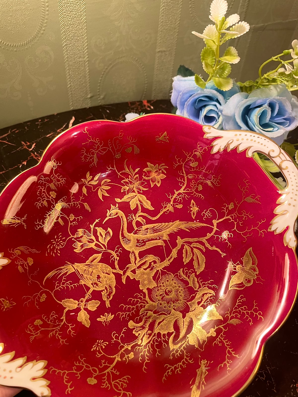 Coalport Red Chinoiserie Handled Dish 8 Inch