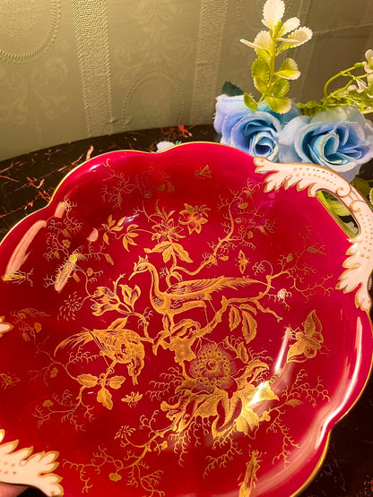 Coalport Red Chinoiserie Handled Dish 8 Inch