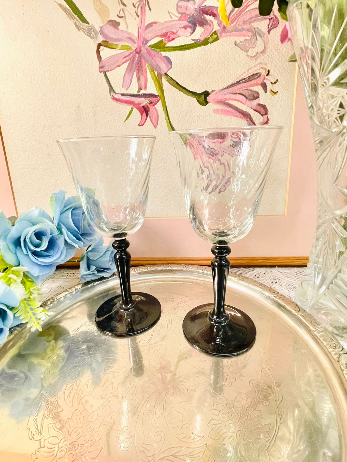 Vintage Clear Goblets with Black Stems – Set of 2