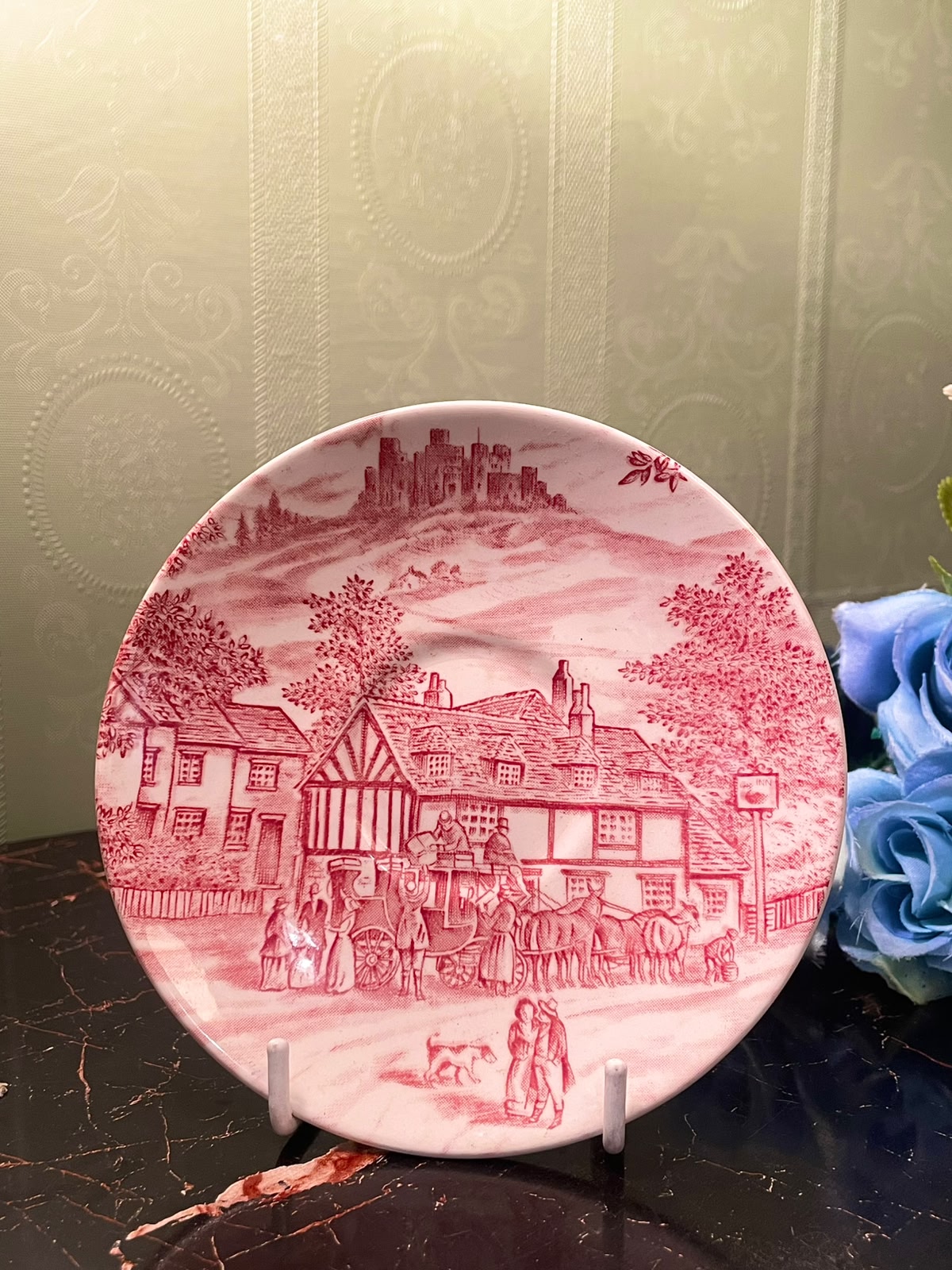 Vintage Pink Transferware English Village Plate, 5in