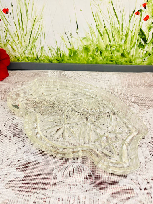 Vintage Cut Glass Leaf Serving Tray Cottage Decor