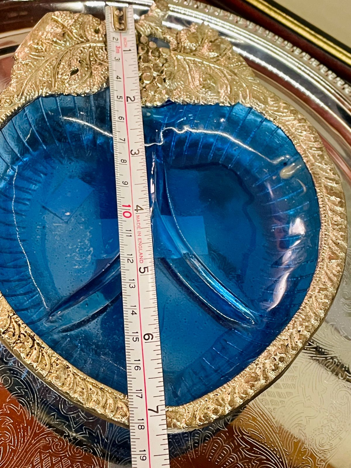 Blue Glass & Metal Leaf-Shape Divided Serving Dish, Silverware