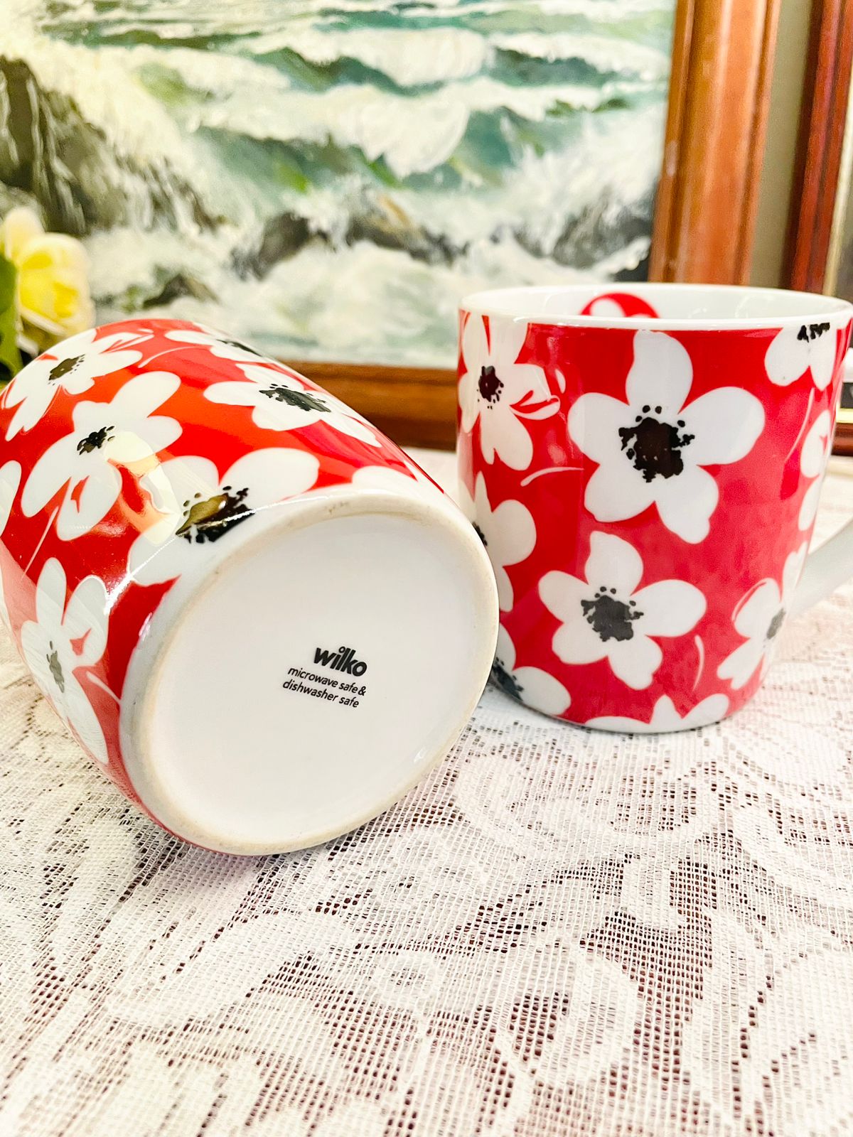 Pair of Wilko Red Floral Ceramic Mugs