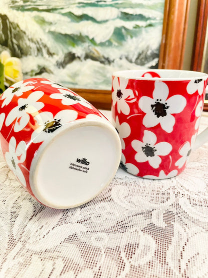 Pair of Wilko Red Floral Ceramic Mugs