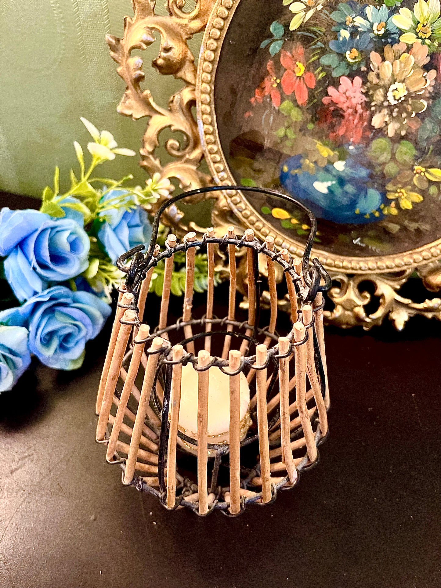 Rustic Bamboo Tealight Candle Lantern with Handle