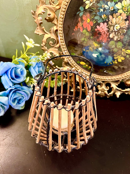Rustic Bamboo Tealight Candle Lantern with Handle