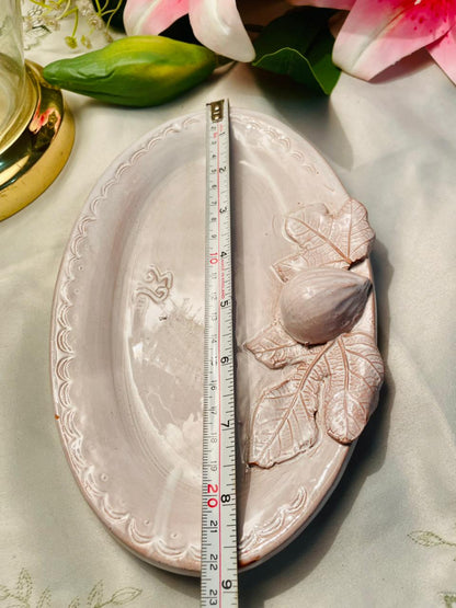 Hand painted Pink Fig & Leaf Ceramic Serving Dish 9 in