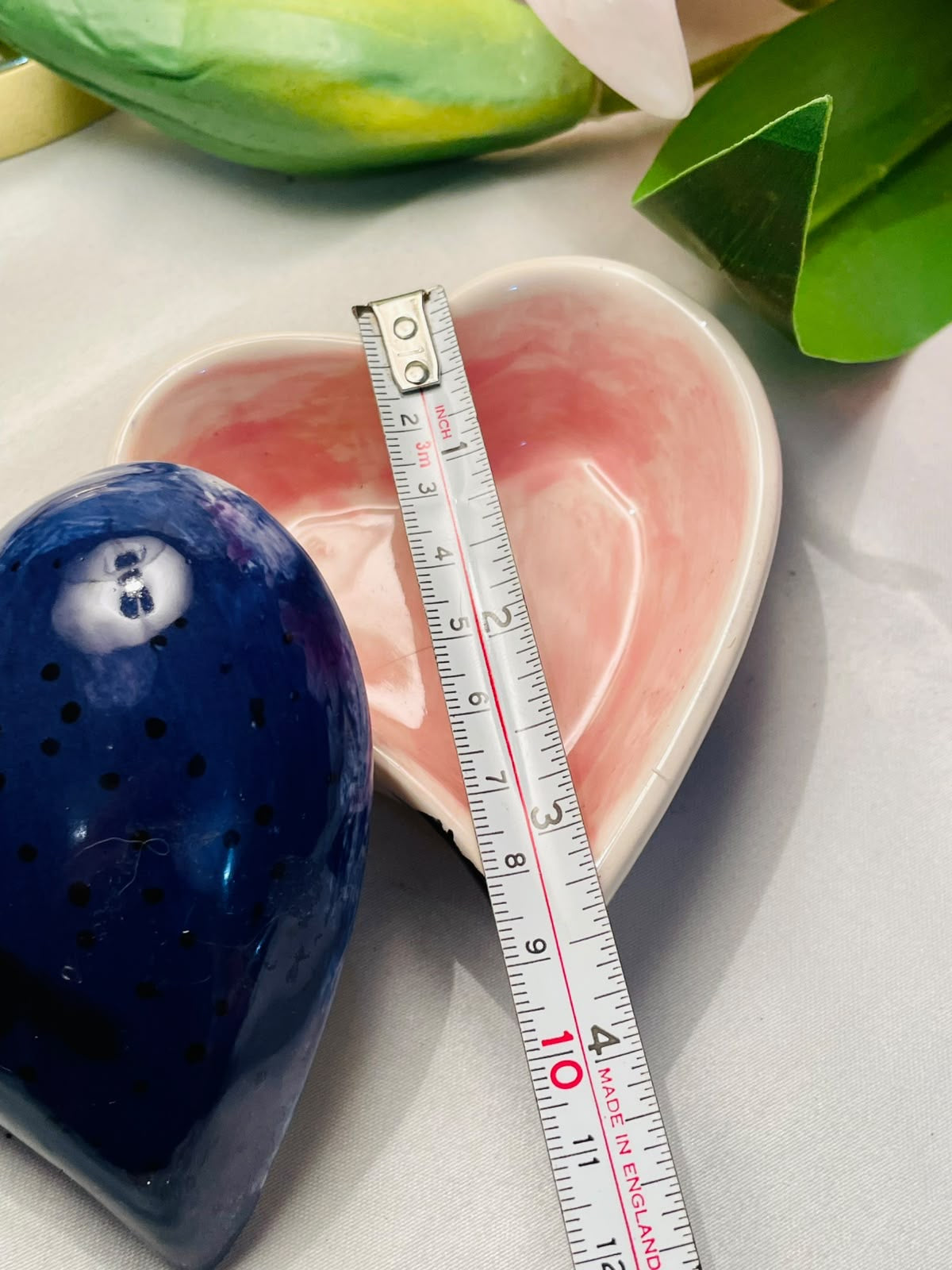 Vintage Hand Painted Pink Heart Ceramic Dish with Blue Cover, Approx. 9 cm