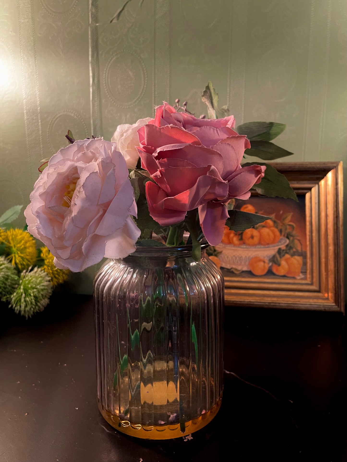 Artificial Pink Rose Arrangement in Ribbed Glass Vase 10 Inch