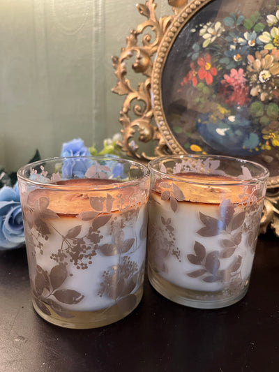 Set of 2 Botanical Glass Scented Candles / Leaf Print Candle Holders