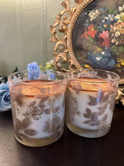 Set of 2 Botanical Glass Scented Candles / Leaf Print Candle Holders