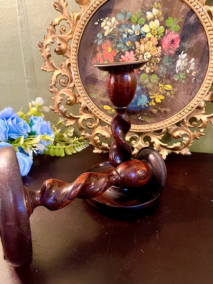 Pair of Dark Wood Spiral Pillar Candle Holders