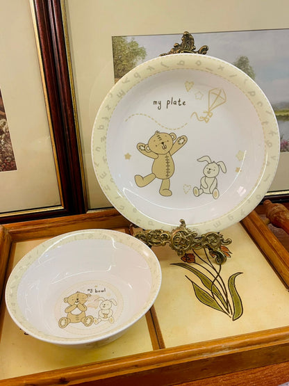 Button Corner, kids dinner set, baby feeding plate, baby bowl, toddler dinnerware, ceramic kids dish set, teddy bear plate, bunny bowl, children’s tableware, nursery decor dining, Widdop Bingham UK, collectible kids dishes