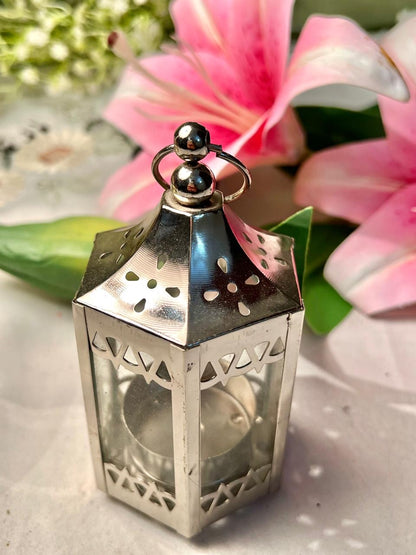 Silver-Tone Lantern Candle Holder with Clear Crystal Panels 12 cm