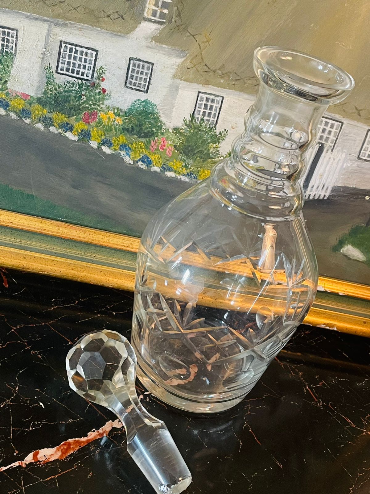 Vintage Cut Crystal Glass Decanter with Faceted Stopper – Diamond & Leaf Pattern