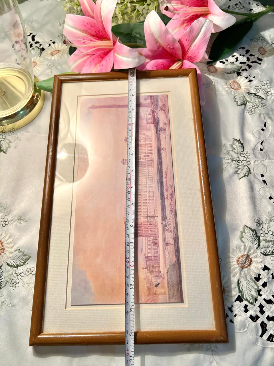 Vintage Pink Architectural Landscape Framed Painting – 15 Inches