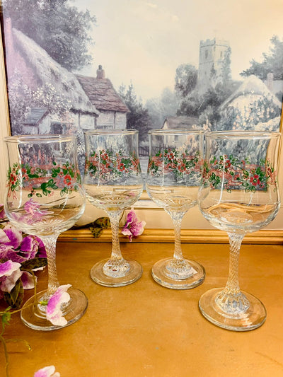 Set of 4 - Vintage Floral Glass Goblet Set – Elegant Stemware