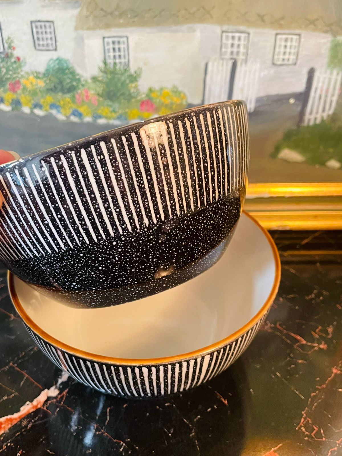 Set of 2 Cereal Bowls, Ceramic Bowls with White Stripes – Modern Luxe Design Oven Safe