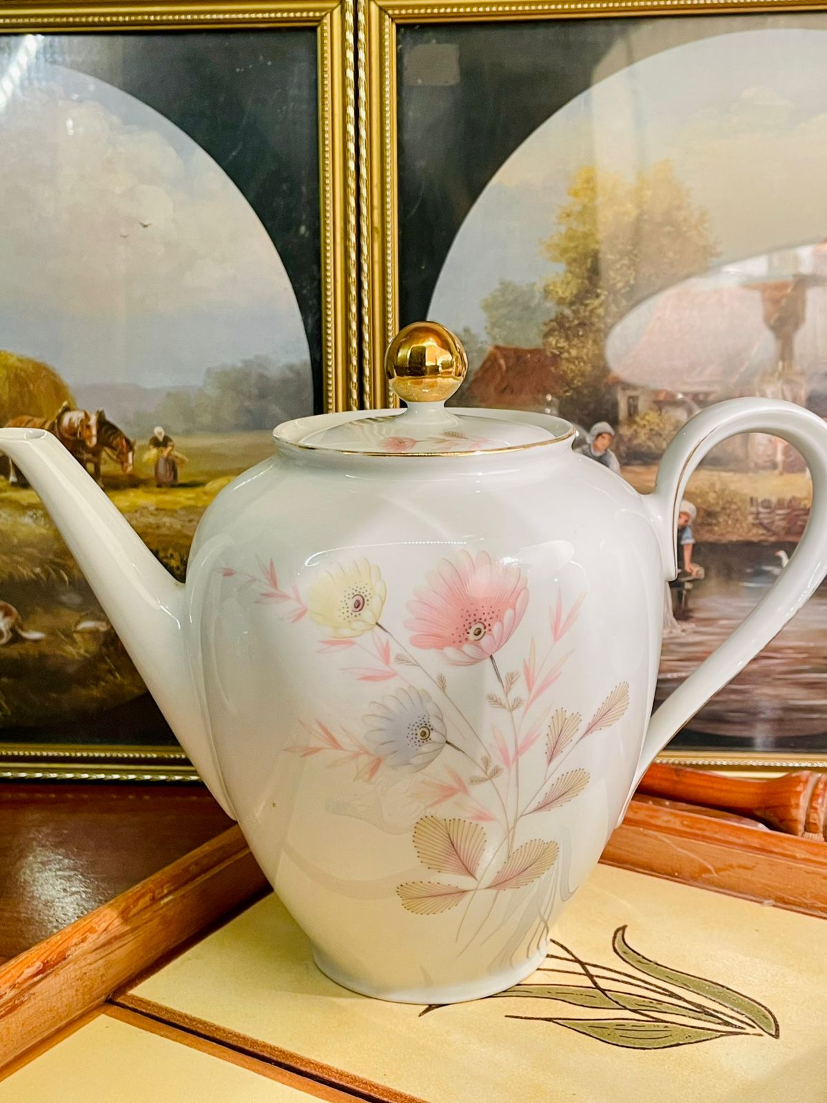 gold trim teapot, floral ceramic teapot, elegant tea serveware, vintage cottagecore decor, pastel flower tea set, classic ceramic teapot, home decor kitchen accessories, gift for tea lovers