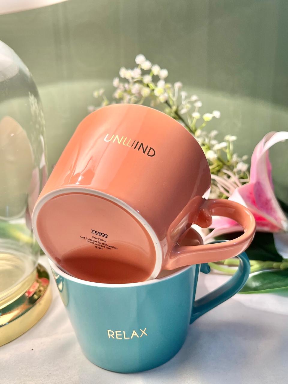 Tesco Fine China Teal & Coral Soup Mugs Set of 2 10 cm