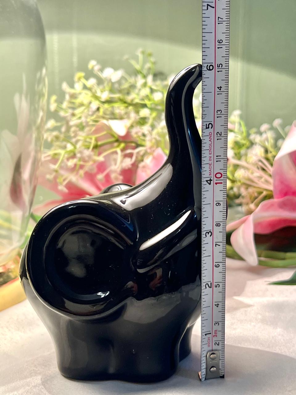 Black Elephant Figurine Glossy Ceramic Home Decor 15cm