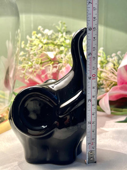 Black Elephant Figurine Glossy Ceramic Home Decor 15cm