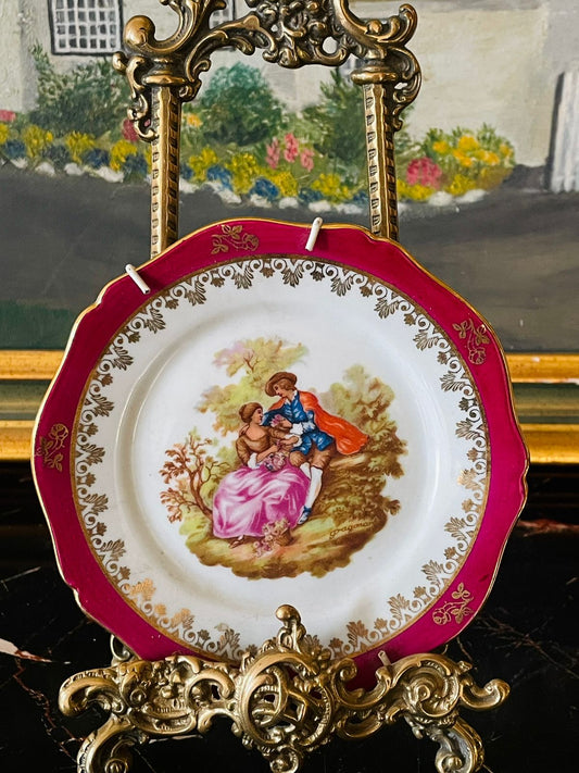 limoges plate, la reine porcelain, french china, decorative wall plate, vintage wall decor, romantic couple plate, pink gold plate, collectible porcelain, european decor, vintage cottage decor, classic home decor, sunset kitchen shop, wall hangings pakistan, porcelain collector plate, antique style plate
