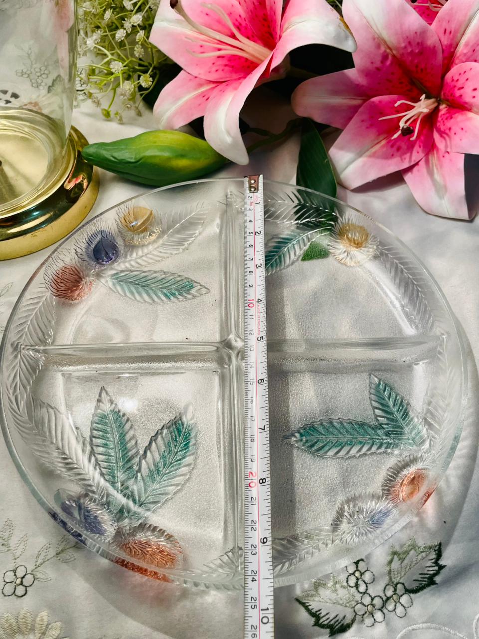 Hand Painted Vintage Floral Crystal 4-Compartment Serving Platter 10 in