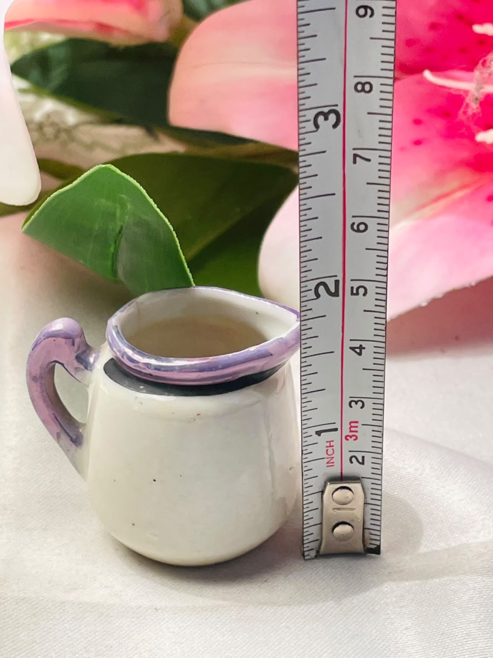 Miniature Cream Ceramic Jug with Lilac Handle Approx. 5 cm