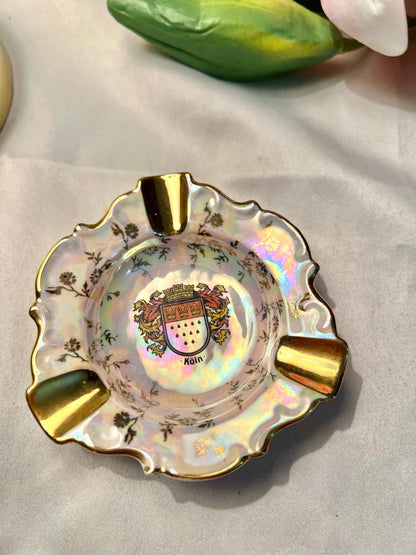 Vintage German Lustre Ashtray Gold Trim Crest Design 10 cm