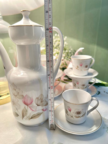 Floral Coffee Set Gold-Tone Trim 13 Piece